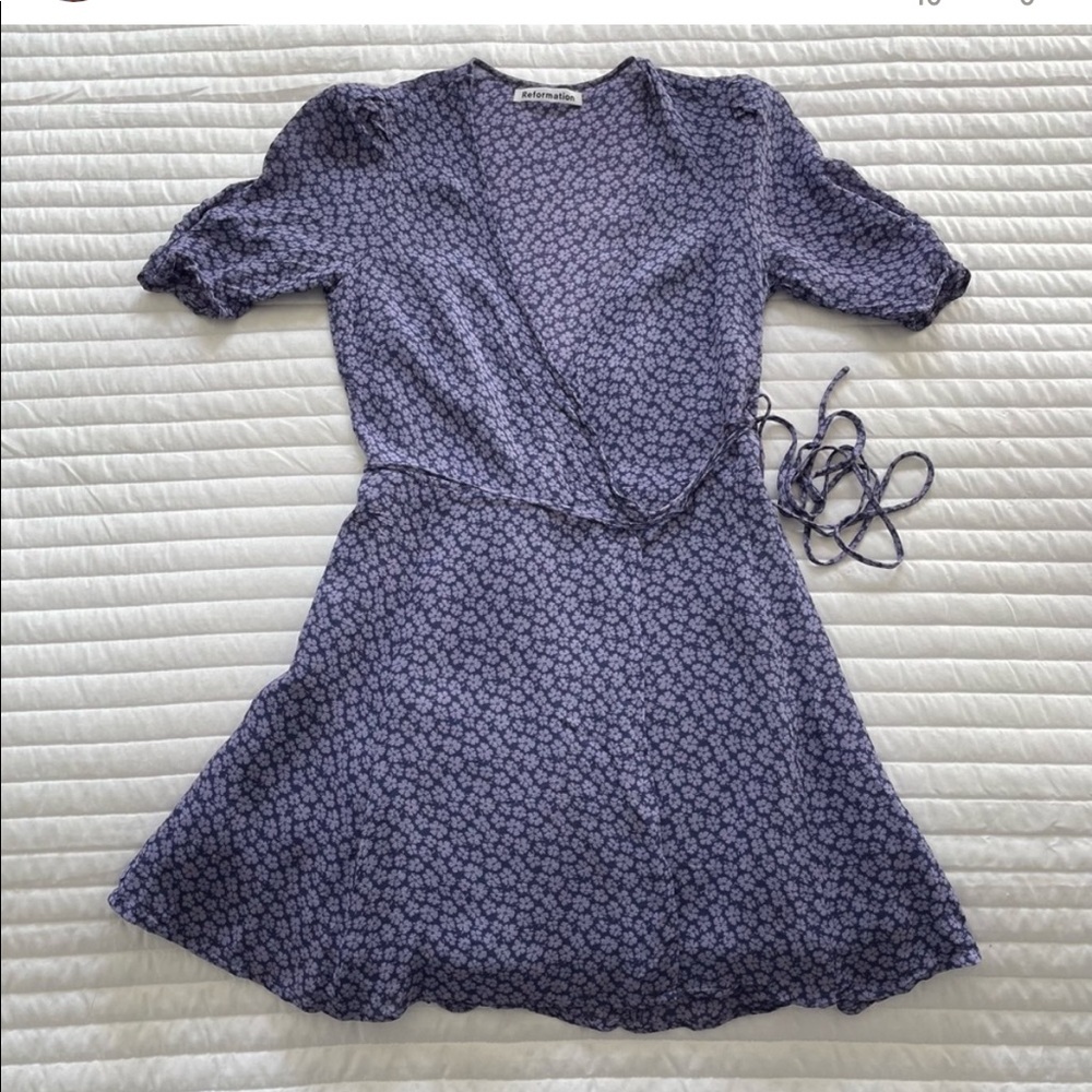 Purple Reformation Wrap Mini Floral Dress